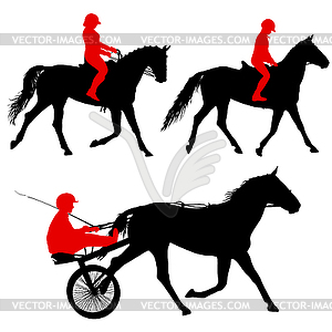 Set black silhouette of horse and jockey - vector clip art