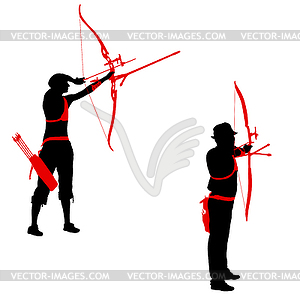 Set silhouette attractive female and male archer - color vector clipart