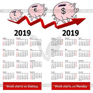 Stylish calendar Pig piggy bank for 2019 Sundays - royalty-free vector image