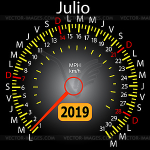 2019 год календар спидометр автомобиль на Испанский Июль - иллюстрация в векторном формате