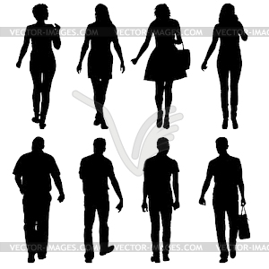 Black silhouette group of people standing in variou - vector clipart