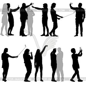 Set silhouettes man and woman taking selfie with - vector EPS clipart