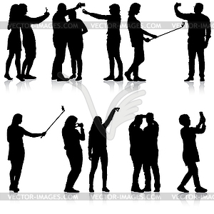 Set silhouettes man and woman taking selfie with - vector image