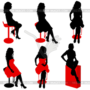 Set ilhouette girl sitting on chair white background - vector image