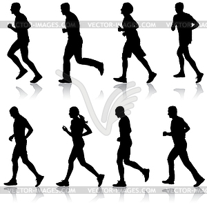 Set of silhouettes. Runners on sprint, man and woman - vector image