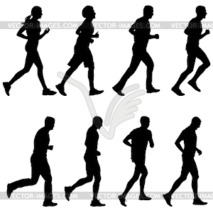 Set of silhouettes. Runners on sprint, man and woman - vector clip art