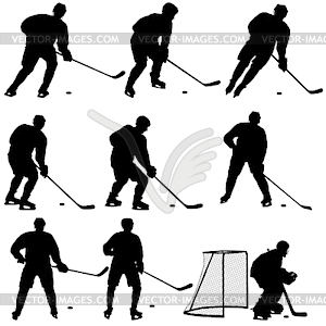 Set of silhouettes of hockey player - vector image