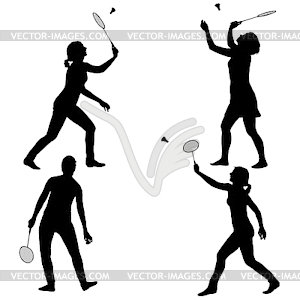 Black set silhouette of female badminton player - vector clip art