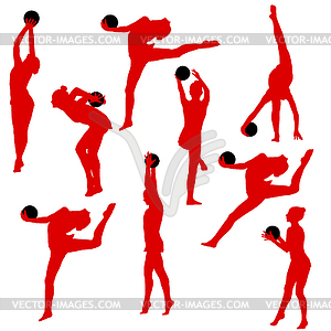 Set silhouette girl gymnast with ball - vector clip art