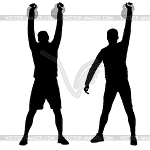 Silhouette muscular man holding kettle bell - vector image