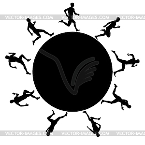Black silhouette of runners running in circles - white & black vector clipart