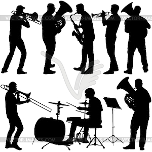 Set silhouette of musician playing trombone, - vector image