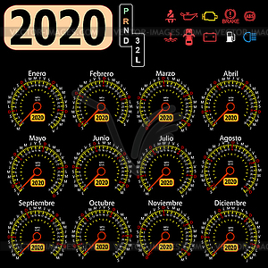 2020 year calendar speedometer car in Spanish - vector clipart