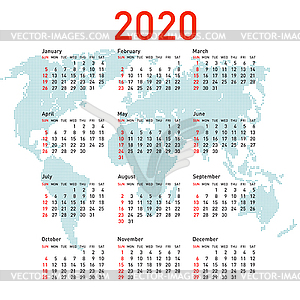 Calendar 2020 with world map. Week starts on Sunday - vector image