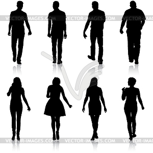 Black silhouette group of people standing in variou - vector clipart