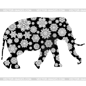 Рождественская открытка слон в снежинках - иллюстрация в векторе