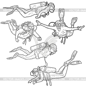 Set sketch silhouette scuba divers - vector clipart