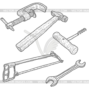 Set sketch silhouette hand tool - vector image