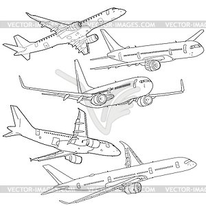 Set silhouette passenger aircraft - vector clipart