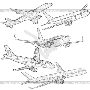 Set silhouette passenger aircraft - vector clip art