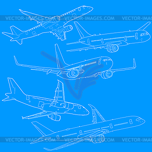 Set silhouette passenger aircraft on blue background - vector clipart