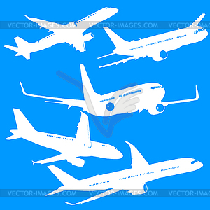 Set silhouette passenger aircraft on blue background - vector image