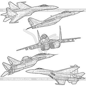 Set silhouette military combat airplane - vector image