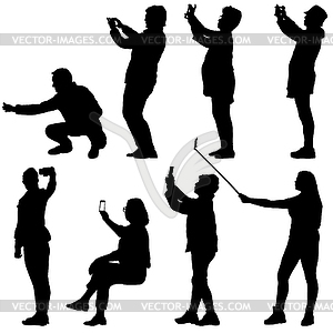 Set silhouettes man and woman taking selfie with - vector clipart