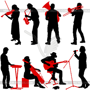 Silhouettes street musicians playing instruments - vector clip art