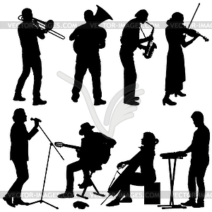 Silhouettes street musicians playing instruments - vector clipart / vector image