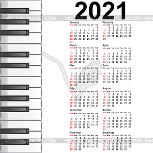 New calendar 2021 with musical background piano keys - vector image