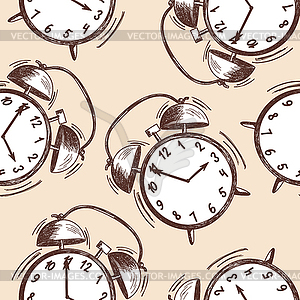 Alarm clock sketch seamless pattern - vector clipart