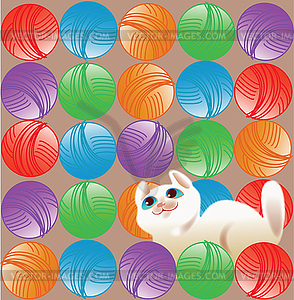 White kitten and background with colored balls of - vector image