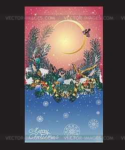 Christmas card with snowflakes in sky, pine branche - vector clip art