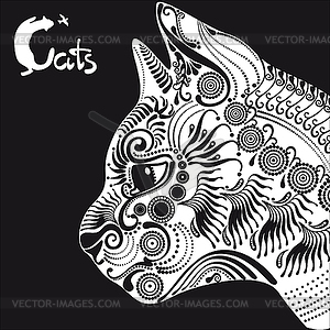 White cat, decorative pattern for tattoo or stencil - vector clip art