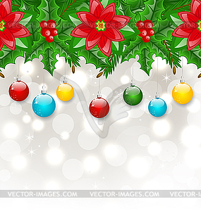 Christmas background with balls, holly berry, pine - vector clip art