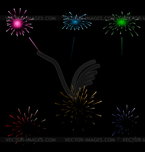 Set colorful fireworks on dark background - royalty-free vector image