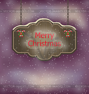 Night background with hanging Merry Christmas woode - vector image