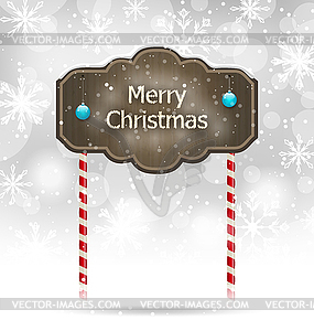 Snow covered wooden sign, Merry Christmas background - vector image