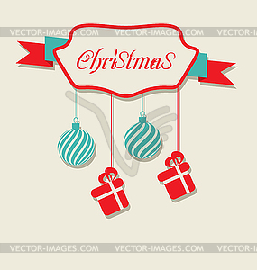 Christmas celebration card with hanging balls and - vector EPS clipart