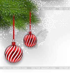 Christmas background with hanging glass balls and - vector image