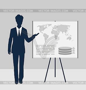Lector stand near board presentation showing speak - vector clipart
