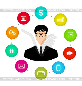 Businessman around icons social media networks and - vector clip art