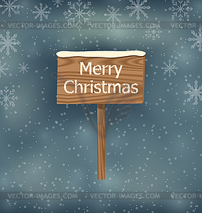 Snow covered wooden sign, Merry Christmas background - vector clip art