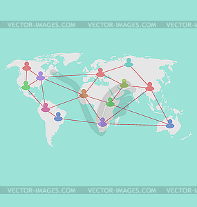 Social connection on world map with people icons - vector clipart