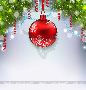 Christmas glowing background with glass ball, fir - vector image