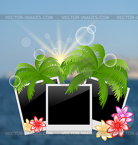 Set photo frame with palms, flowers, on blurred - vector clipart / vector image