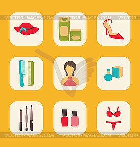 Flat icons set with central woman surrounded by hat - vector image