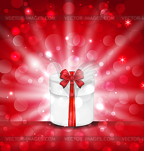 Round gift box on light red background with glow - vector image