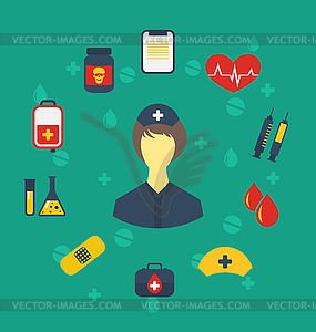 Nurse with medical icons for web design, modern fla - vector clipart